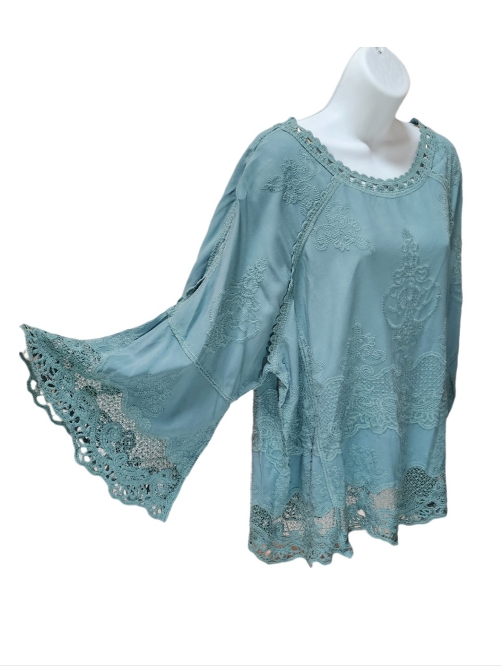 Democracy Embroidered Crochet Lace Boho Blouse Top 3/4 Bell Split Sleeve Size 2X - Picture 4 of 8